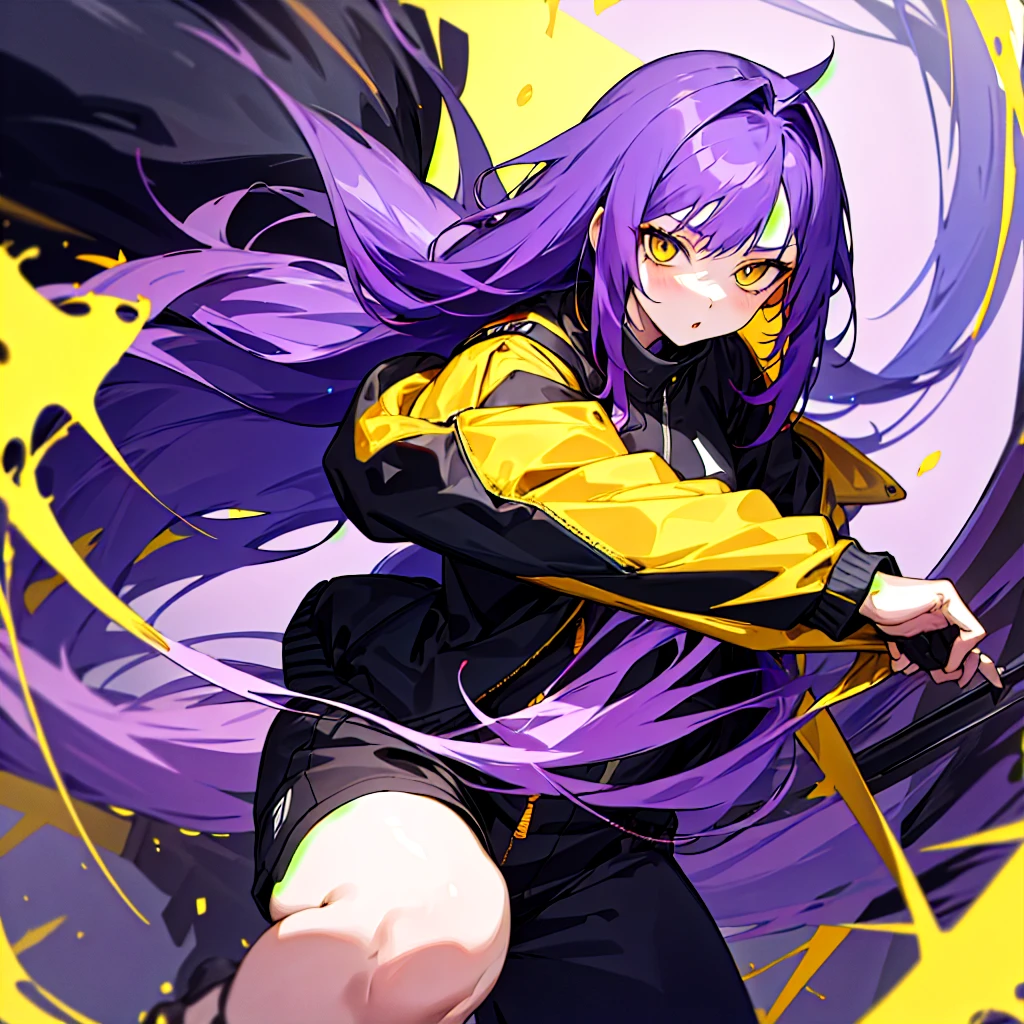 1 girl, vibrant purple hair, golden yellow eyes, black jacket, black sweatpants