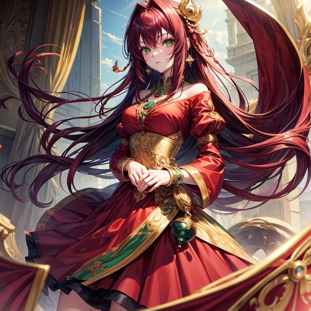 anime style, girl, red wine hair, green eyes, royalty dress, jewelry