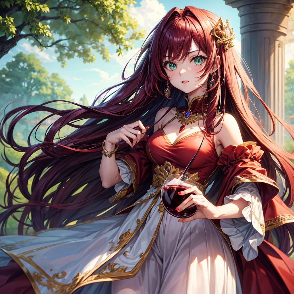 anime style, girl, red wine hair, green eyes, royalty dress, jewelry