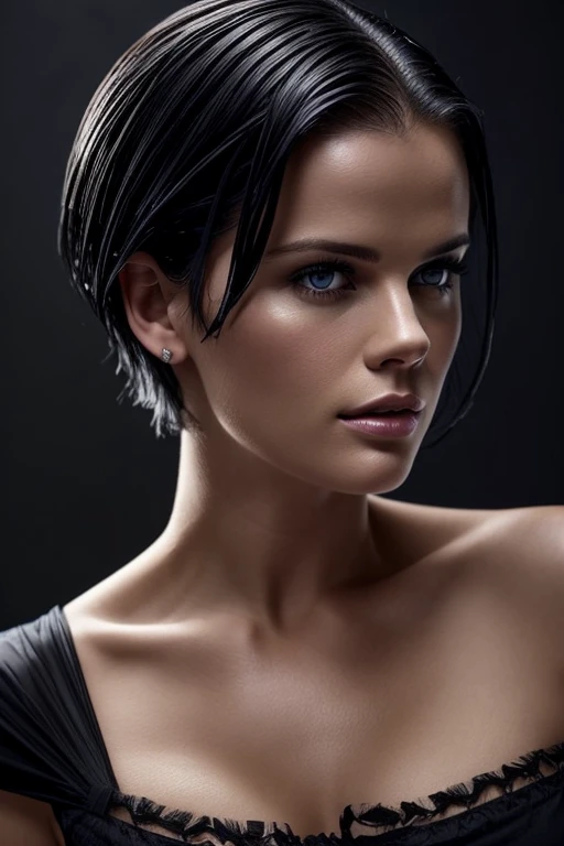 Gorgeous european woman with very short hair, short hair with fringe, wet hair, hair slicked back, combed straight back, slick hair, streaked black hair, seductive pose, alice eve, torn ragged clothes, cleavage, solid dark grey background