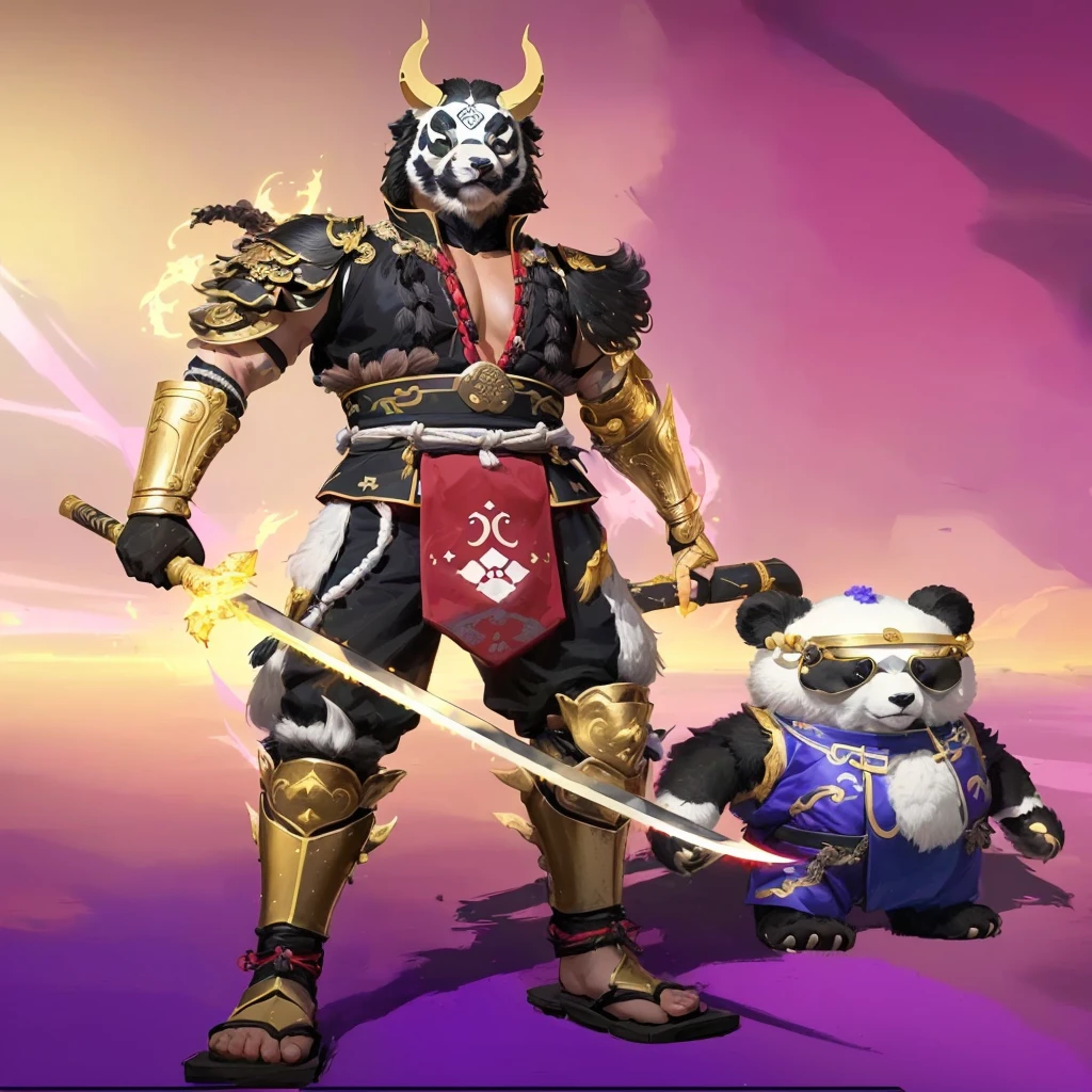there is a panda and a man in a costume standing next to each other, moon bear samurai, lunar themed attire, inspired by Huang Shen, warrior outfit, in the style of sifu 🔥 😎 🕹️ 👀 :2, inspired by Shen Zhou, inspired by Luo Mu, inspired by Li Kan, inspired by Huang Ding, samurai outfit