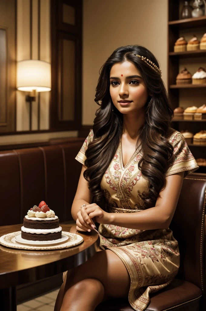 Portrait of A confident-looking indian princess with long flowing hair, hazel eyes, wearing a beautiful floral frock with high leather boots, sitting in a cafe and cake shop, eating a chocolate pastry cake, perfect composition, happy, hyperrealistic, super detailed, 8k, high quality, trending art, trending on artstation, sharp focus, studio photo, intricate details, highly detailed