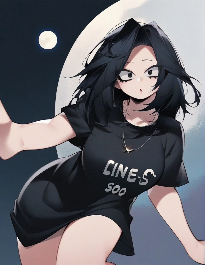 One girl, famale focus, boku no hero academia, with dark circles , mysterious ,ingenious , black knee-length t-shirt with a big white B , black hair long , so beautiful, necklace moon , labios lindos