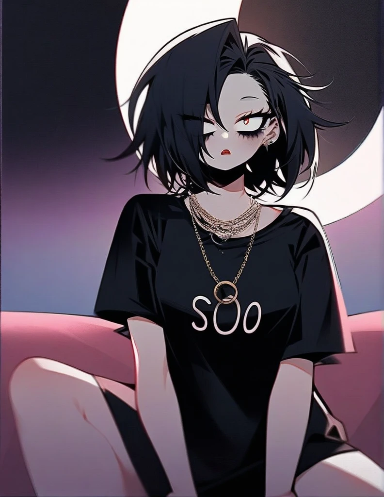 One girl, famale focus,  boku no hero academia, with dark circles   , mysterious ,ingenious , black knee-length t-shirt with a big white B  , black hair long  , so beautiful, necklace moon , labios lindos