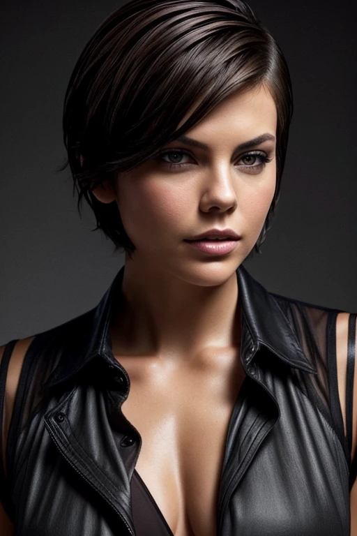 Gorgeous european woman with very short hair, short hair with fringe, wet hair, hair slicked back, combed straight back, slick hair, streaked cinnamonbrown hair, seductive pose, lauren cohan, torn ragged clothes, cleavage, solid dark grey background