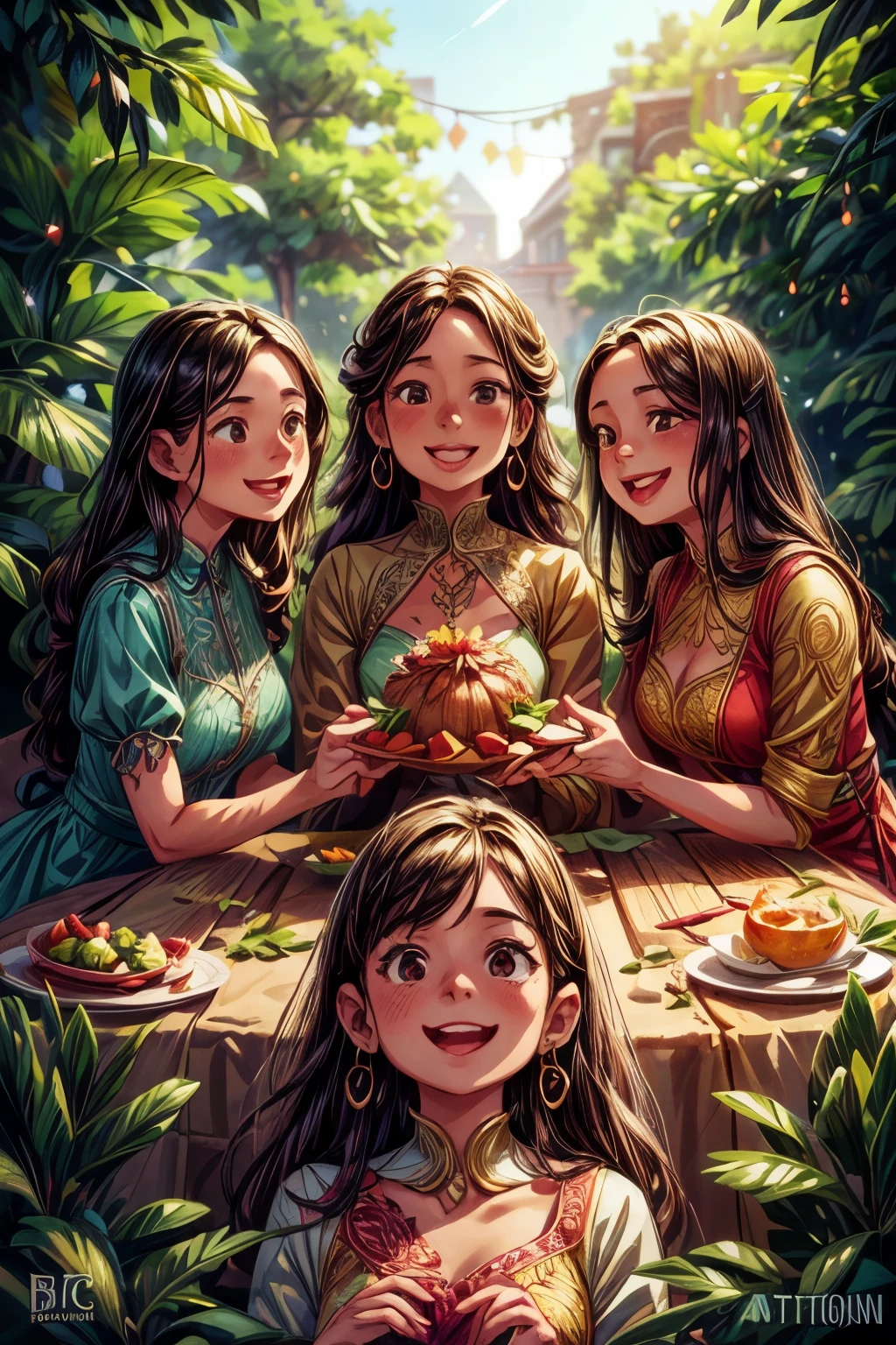 a beautiful group of 4 women, smiling happily, detailed facial features, shiny smooth skin, long hair, elegant dresses, outdoor garden setting, warm sunlight, vibrant colors, cinematic lighting, high quality digital art, intricate details, photorealistic, trending on artstation