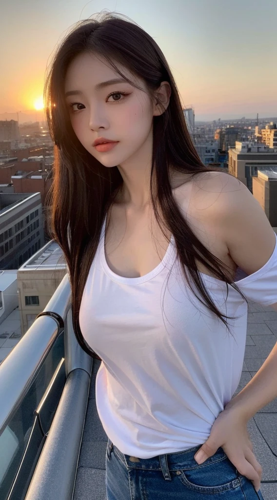 ((Midnight, Best quality, 8k, Masterpiece :1.3)), Whole body, Long legs, Sharp focus :1.2, A pretty woman with perfect figure :1.4, Slender abs :1.1, ((Dark brown hair, Big breasts :1.2)), (White tight tshirt, Jean bib, Standing:1.2), ((Night city view, Rooftop:1.3)), Highly detailed face and skin texture, Detailed eyes, Double eyelid, sunset, darken, backlit, off shoulder