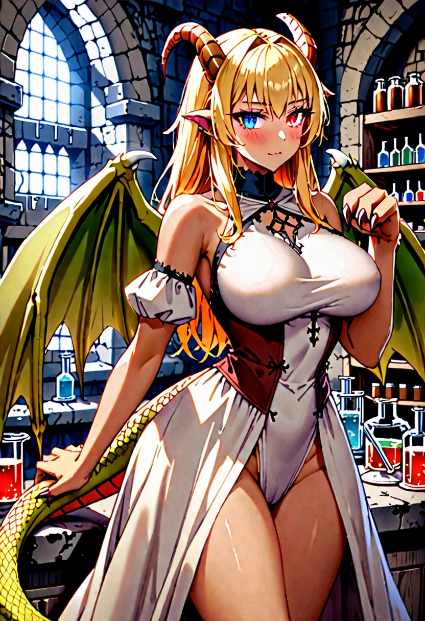 solo:1.4, female, chimera, horns, blonde furry paws, blue eye, red eyes, heterochromia, large breasts, short blonde hair, snake tail, brown furry knees, lion ears, dragon wings, large woman, medieval, laboratory, broad shoulders, very tall, light skin, blush, close up, from the waist up
