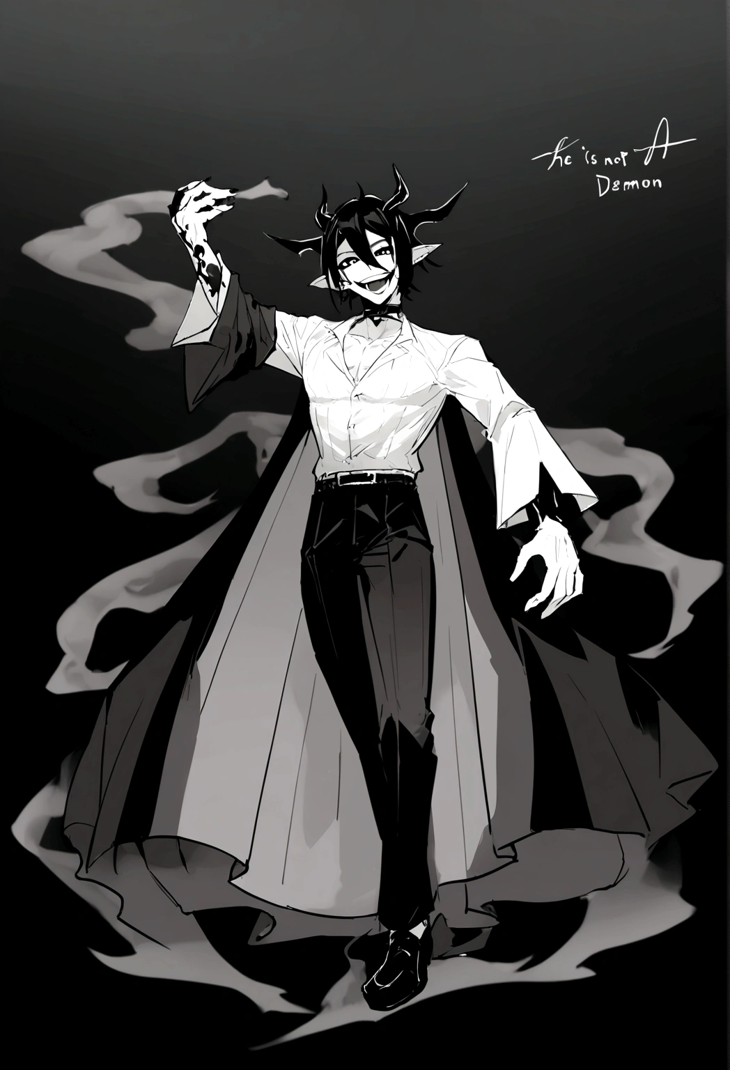 Suggestion, the Ink Demon, has a terrifying appearance.
His muscular body is covered in white skin, with half of the face in an intense black tone. He has no eyes and no mark on where his eyes should be, and your mouth stretches into a pointed smile, with forked tongue.
Two pairs of black, curved horns rise from its head., under an elegant dress hat. His attire is refined - dark suit, white shirt and black tie - giving you a sophisticated and intimidating look.
The long demon tail moves fluidly, enhancing its imposing and unsettling presence. Your empty eyes seem to pierce the soul.