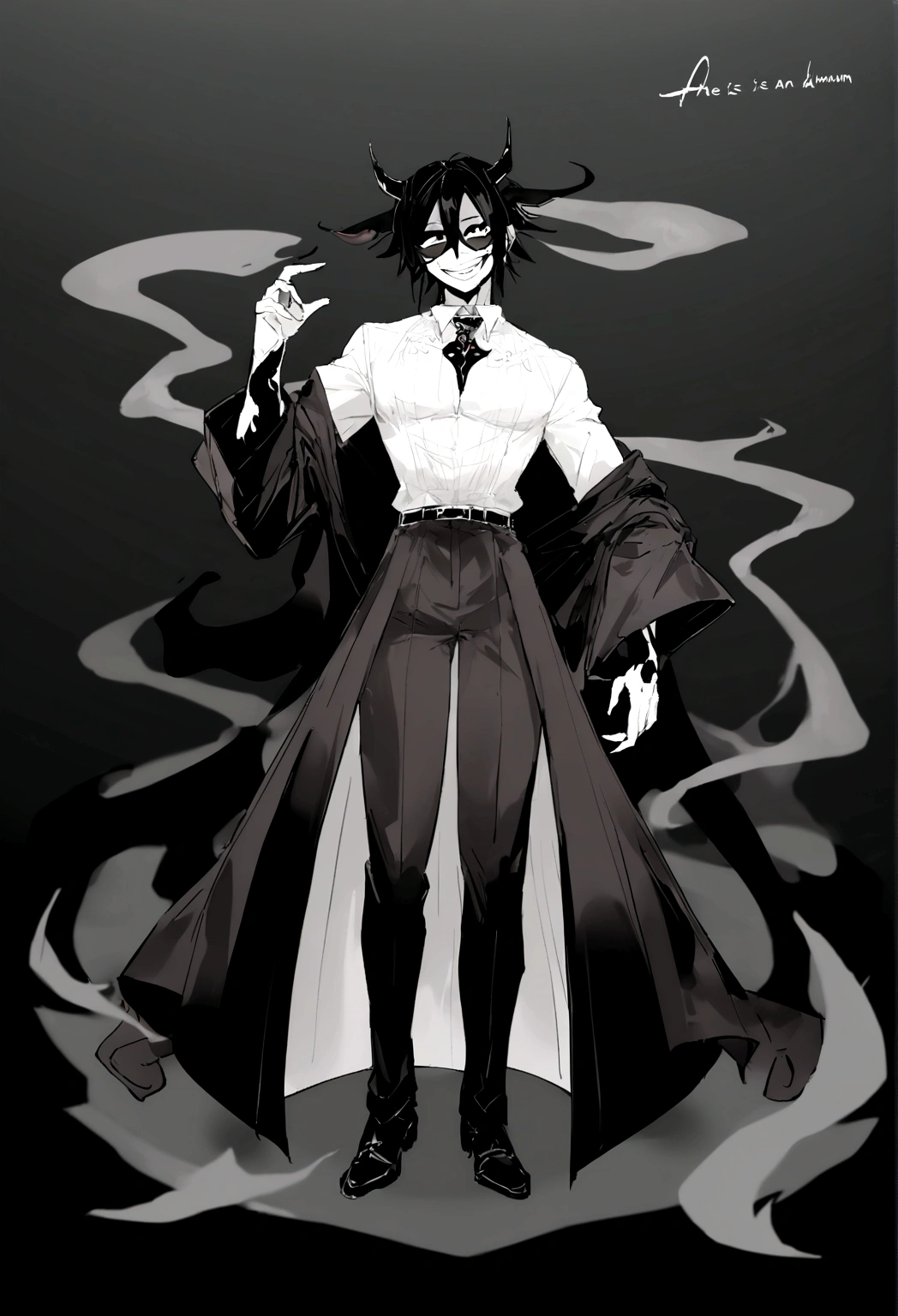 1 men, is standing still looking at the camera, is smiling, he is not human, he is made of ink, he is an ink demon, he is the demon of Ink, he has a very wide smile.
