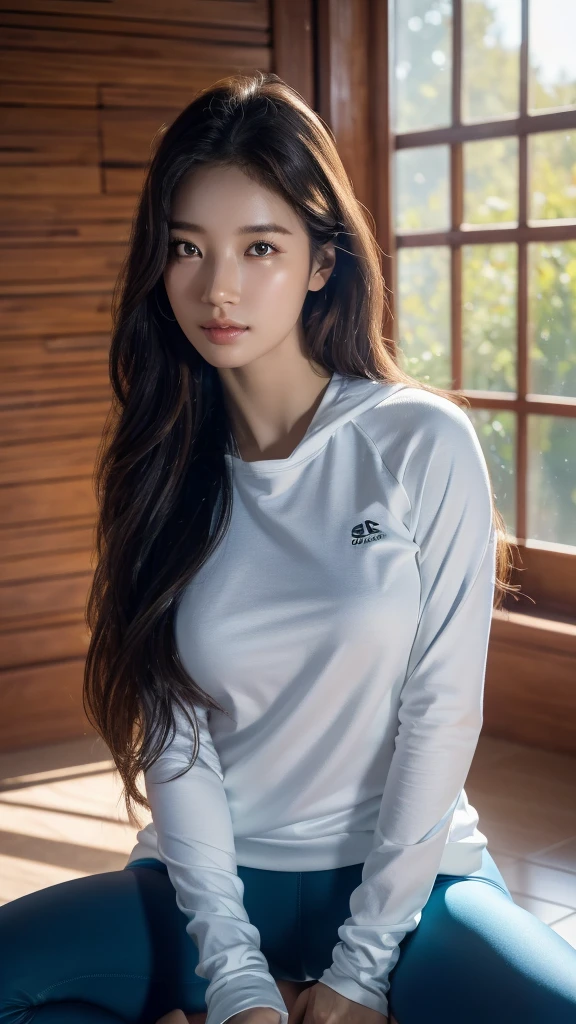 8K, Masterpiece, raw image, best quality, realistic, วอลล์เปเปอร์ CG unity 8K ที่มีรายละเอียดมาก, depth of field, Cinema-grade lighting, lens flare, Ray tracing, (very beautiful face, beautiful lips, beautiful eyes), A face with intricate details, ((Ultra-detailed skin)), best quality, Masterpiece, Ultra high resolution, (ถ่ายภาพrealistic:1.5), Original photo, 1 woman, Look sexy, big , rift, Yoga poses, My hair is wavy and long.,Wear a workout shirt and yoga pants.,In the yoga room, (Wear a white sweatshirt.).