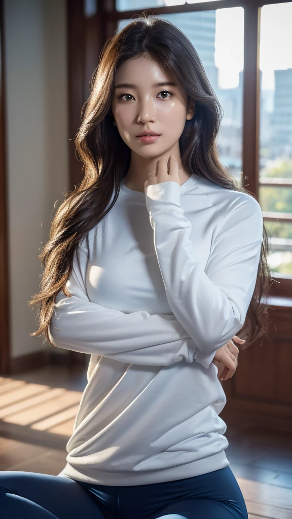 8K, Masterpiece, raw image, best quality, realistic, วอลล์เปเปอร์ CG unity 8K ที่มีรายละเอียดมาก, depth of field, Cinema-grade lighting, lens flare, Ray tracing, (very beautiful face, beautiful lips, beautiful eyes), A face with intricate details, ((Ultra-detailed skin)), best quality, Masterpiece, Ultra high resolution, (ถ่ายภาพrealistic:1.5), Original photo, 1 woman, Look sexy, big , rift, Yoga poses, My hair is wavy and long.,Wear a workout shirt and yoga pants.,In the yoga room, (Wear a white sweatshirt.).