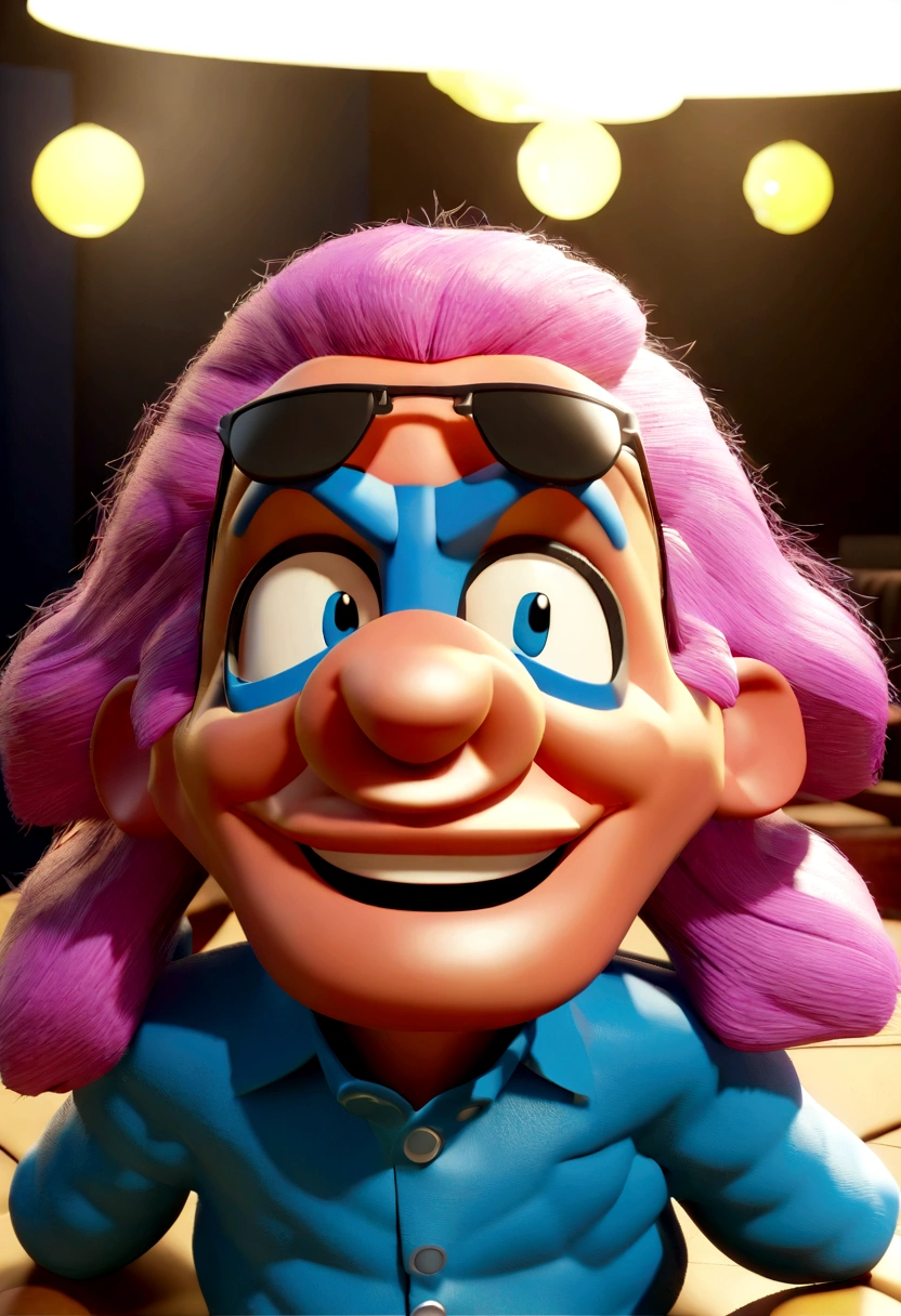 Cartoon character of a man in black glasses and blue shirt, an animated character, stylized character, animation style rendering, 3d stylized, Arnold Maya rendering, Stylized 3D rendering, toon render screenshot, 3d character, 3d character, Stylized 3D rendering, 3D character rendering, cartoon character, Personagem de close up, character posing, (Pixar-style) (master part:1.2) (bokeh) (best qualityer) (skin detailed) (detailed texture) (8K) (Argilla) (cinematic lighting) (sharp focus，Sit down and lift your upper body