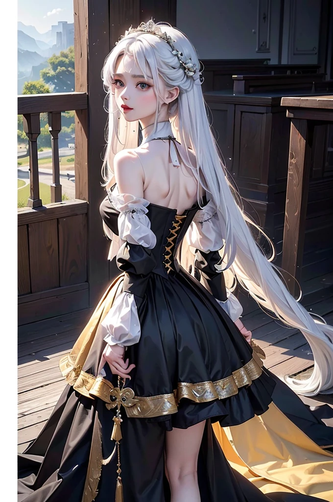 ((masterpiece:1.5,Highest quality,Highly detailed images,Beautiful images、Realistic、Photorealistic、2.5D))(1girl, 独奏)(Adult women、large breasts, white hair, beautiful eyes, Healthy legs、Tight ass、A little bit of her butt is visible through the slit、Beautiful cleavage)(Fantasy dresses、Fantasy Clothes、Black battle dress、black dress:1.5, Deep slit)(smile, wind, floating hair)(bright、Soft lighting、Inside the castle、The King's Chamber)from behind