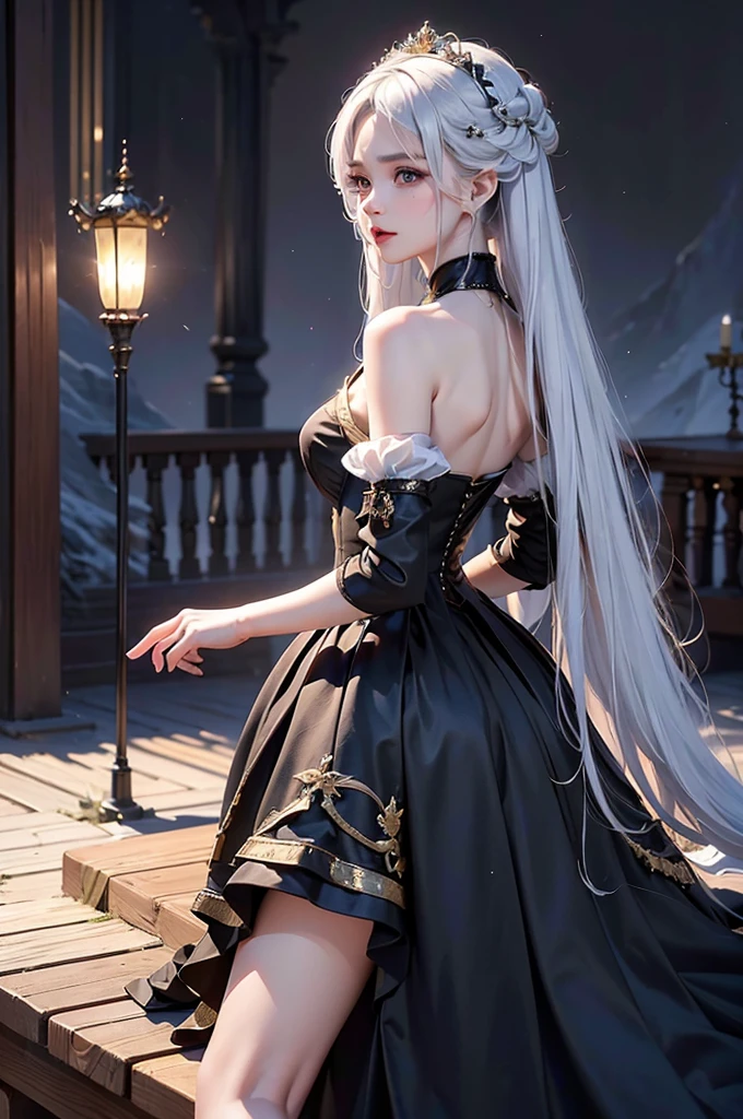 ((masterpiece:1.5,Highest quality,Highly detailed images,Beautiful images、Realistic、Photorealistic、2.5D))(1girl, 独奏)(Adult women、large breasts, white hair, beautiful eyes, Healthy legs、Tight ass、A little bit of her butt is visible through the slit、Beautiful cleavage)(Fantasy dresses、Fantasy Clothes、Black battle dress、black dress:1.5, Deep slit)(smile, wind, floating hair)(bright、Soft lighting、Inside the castle、The King's Chamber)from behind