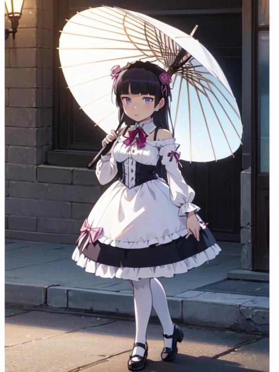 (Ultra-high resolution, masterpiece, Attention to detail, high quality, 最high quality) , 1 girl, alone, girl, Hime cut, Gothic Lolita, Lolita Fashion, head band, (Bare shoulders), ((Parasol)), Pagoda Parasol, (ruri gokou), Elegance, grace, Different world, Ancient Capital, middle ages, full body