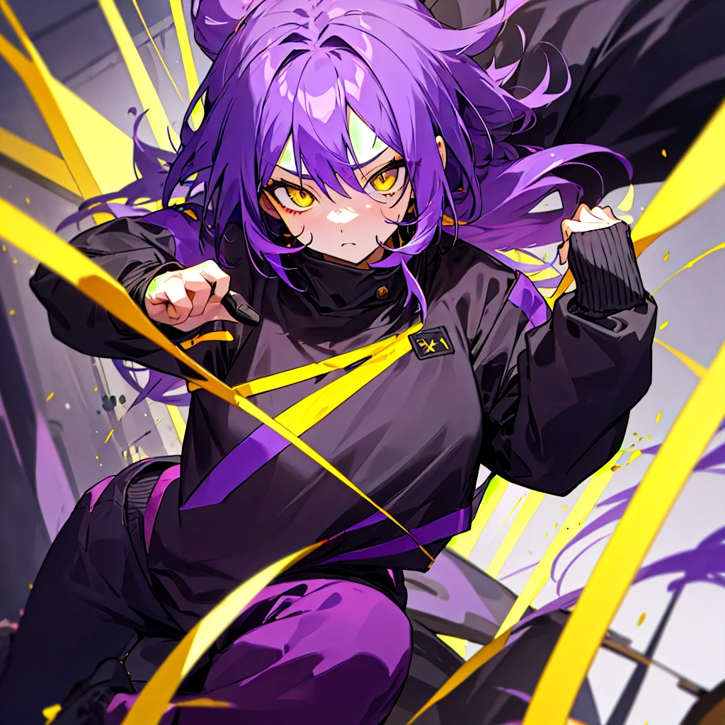 1 girl, vibrant purple hair, golden yellow eyes, black jacket, black sweatpants