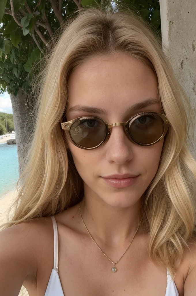 Photo en mode selfie, beautiful blonde ,very detailed, 23 ans, portant des lunettes de soleil, wearing a swimsuit, natural beauty, visage innocent, Longhaire, high resolution, head of'artwork, best quality, intricate details, very detailed, sharpness, detailed skin, texture de peau realistic, texture, detailed eyes, Professionnel, 4K, charming smile, shot with Canon, 85mm, shallow depth of field, Kodak Vision Color, corps parfaitement ajusté , extremely detailed, la photographie_(ultra), photorealistic, realistic, Post-traitement, Maximum details, roughness, real life, ultra realistic, photorealism, la photographie, 8K UHD, la photographie, tetas grandes