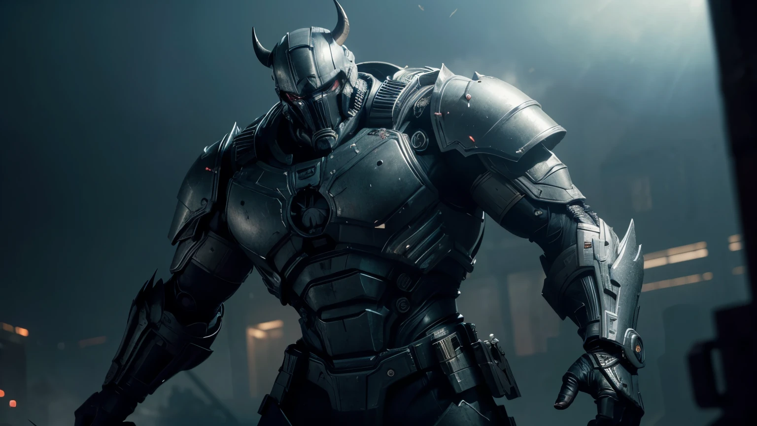 A man wearing a bull-shaped armor, detailed armor plates, rugged metal textures, muscular figure, dynamic pose, dramatic lighting, cinematic camera angle, dark and gritty color palette, volumetric fog, (best quality,4k,8k,highres,masterpiece:1.2),ultra-detailed,(realistic,photorealistic,photo-realistic:1.37),highly detailed armor, intricate metal gears and mechanisms, dramatic shadows and highlights, moody and atmospheric environment, industrial sci-fi, concept art style