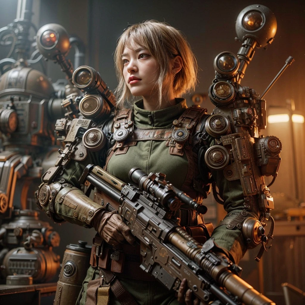 8K, Real Photo, Realistic Skin Texture, Super Realism, (WWII Era), (Mechanical Suit), Steampunk, Beautiful Forest Through Trees, Heavy Weapons, Vivid Textures, Beautiful Hair, Japanese Female Soldier, (Super Beautiful Face), Legs, ((Super Realistic All Textures)), ((Superall intricate details))), full body shot, super clear photo results, olive drab color, scratches, rust, weathering, sweat, action poses in motion, shot with Fujifilm X-T30 + Nokton. HDR10, minimum 4 images created.