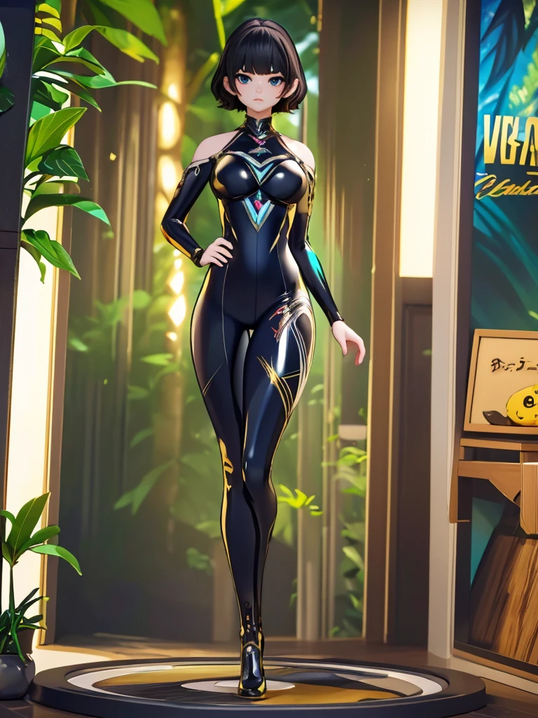 Seizo Watase style, Simple Line Initialism，Abstract art, 3d character, colorful hearts ,(((The most beautiful girl of all time))),  (full body 1.2), only girl, short hair 2 burn hair, jungle background, 25 year old, full body, (((8k))),, (((3d))),, black hair, short black silicon Jumpsuit