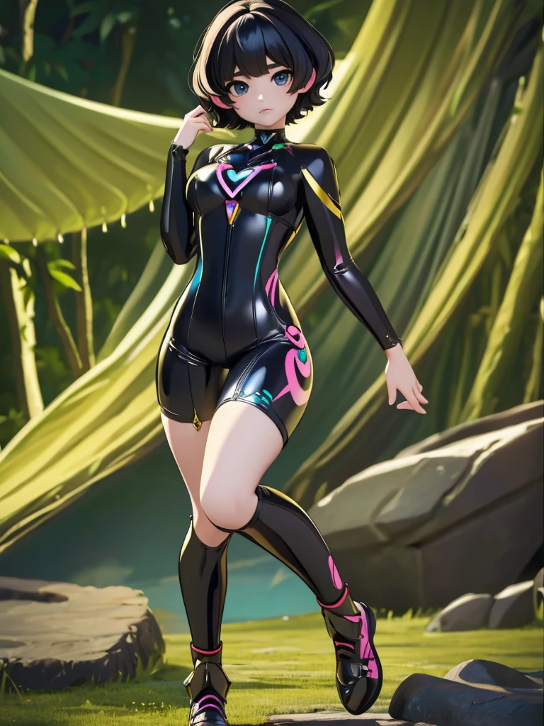 Seizo Watase style, Simple Line Initialism，Abstract art, 3d character, colorful hearts ,(((The most beautiful girl of all time))),  (full body 1.2), only girl, short hair 2 burn hair, jungle background, 25 year old, full body, (((8k))),, (((3d))),, black hair, short black silicon Jumpsuit