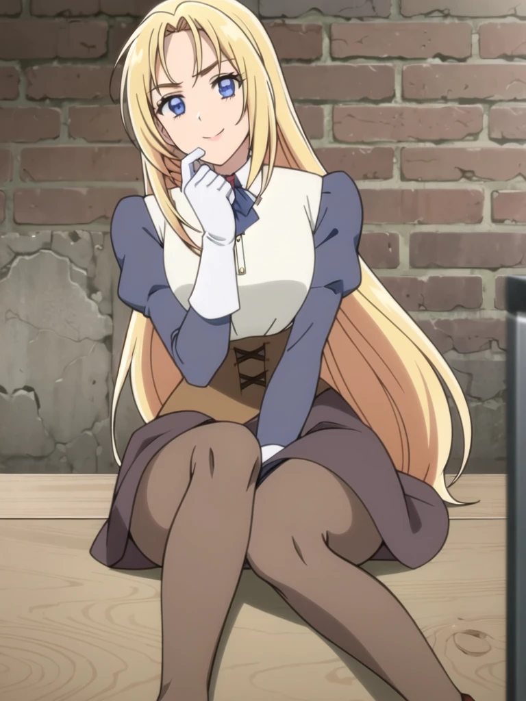 ((Best quality))), ((Ultra-detailed)), ((illustration)), ((Disheveled hair)), ((frilld)), (1 girl), (Solo),1girl, brick_wall, flower, looking_at_viewer, solo, rating:safe, bangs, black_bow, black_footwear, black_gloves, blonde_hair, blue_bow, blue_eyes, blue_shirt, blue_skirt, blunt_bangs, boots, bow, brown_legwear, brown_pantyhose, closed_mouth, clothing, corset, dress_shirt, eyebrows_visible_through_hair, female, footwear, gloves, knee_boots, legwear, long_hair, long_sleeves, miniskirt, pantyhose, shirt, sitting, skirt, smile, straight_hair, very_long_hair, blurry
