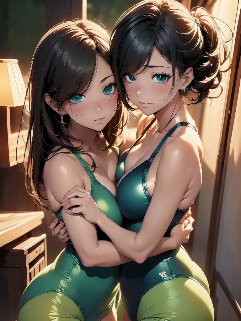 (anime drawing)One  GL women (lesbians) kiss each other passionately. (Beautiful, sexy, hot) They kiss in their beautiful, harmonious embrace ((In a swimsuit))