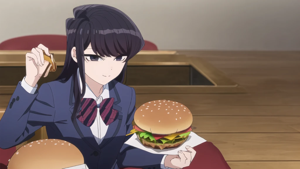 girl, Alone, Upper part of the body,  looking at the viewer, , dark blue jacket, striped bow tie, , perfect quality, Good quality, Masterpiece, HDR, eating hamburger, sitting, small smile, head on