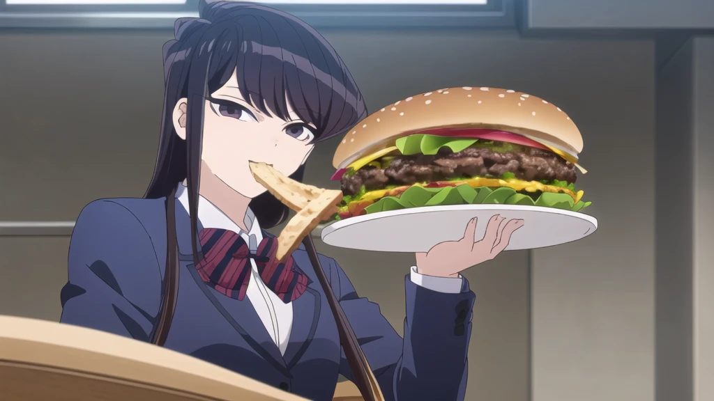 girl, Alone, Upper part of the body,  looking at the viewer, , dark blue jacket, striped bow tie, , perfect quality, Good quality, Masterpiece, HDR, eating hamburger, sitting, small smile, head on