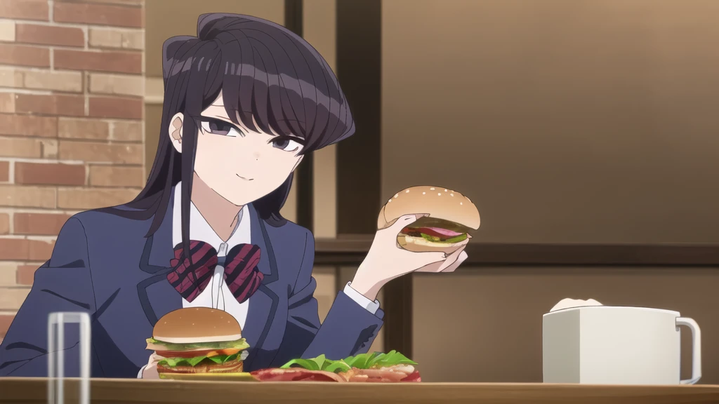 girl, Alone, Upper part of the body,  looking at the viewer, , dark blue jacket, striped bow tie, , perfect quality, Good quality, Masterpiece, HDR, eating hamburger, sitting, small smile, head on