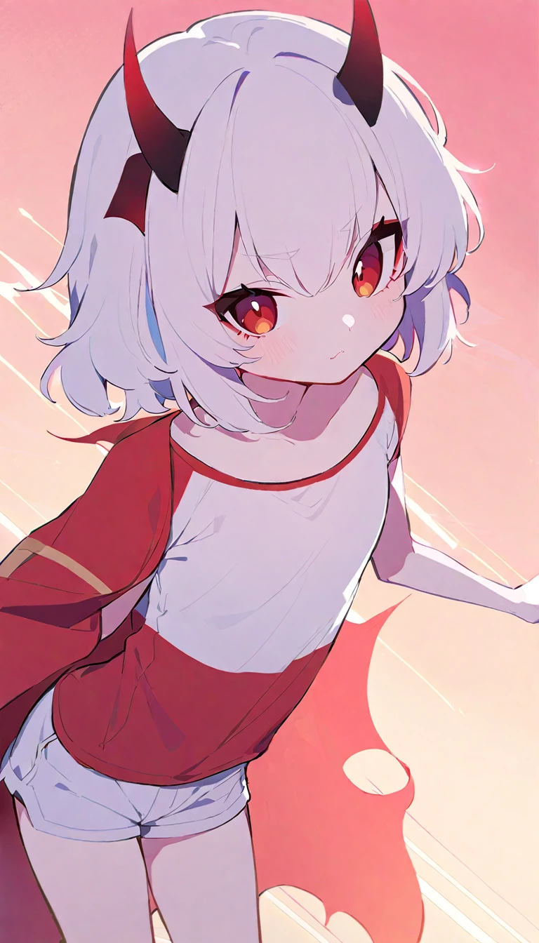 Teenage girl, devil girl, small red horns, white hair, short fluffy hair, big red eyes, pale skin, rosy cheeks, wearing a white t-shirt with a red diagonal stripe across the chest, gold lines on the shoulders, white shorts with red lateral lines.