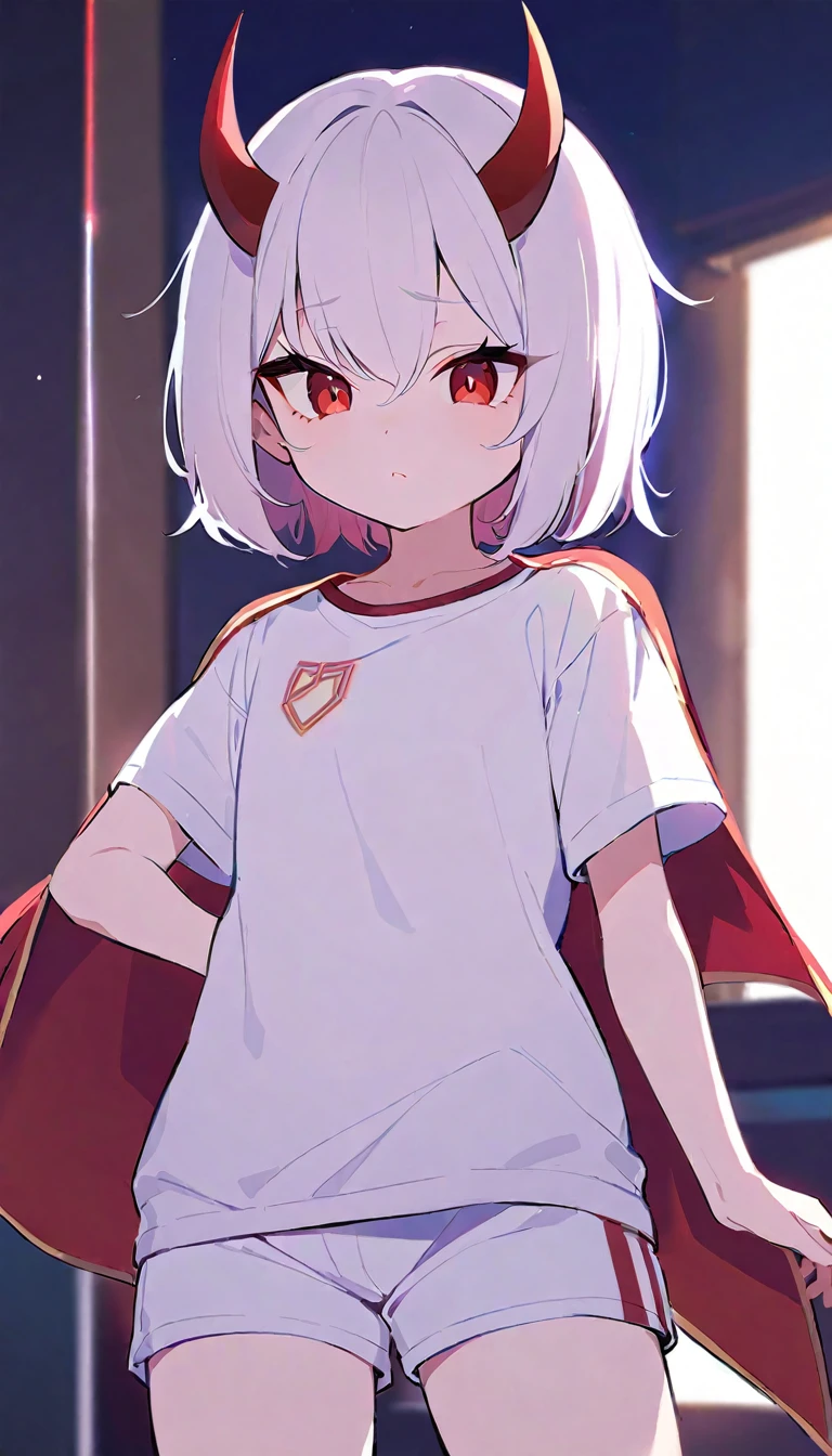  girl, devil girl, small red horns, white hair, short fluffy hair, big red eyes, pale skin, rosy cheeks, wearing a white t-shirt with a red diagonal stripe across the chest, gold lines on the shoulders, white shorts with red lateral lines.