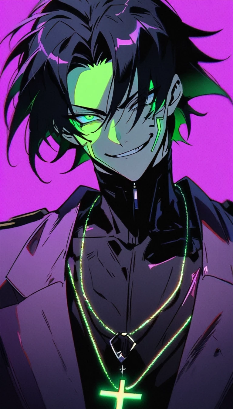 A guy with black hair and glowing green eyes wearing an evil smile, he is smiling like the devil while holding his cross necklace in front of him against a purple background. The art is in an anime style with a cyberpunk and dark fantasy aesthetic.