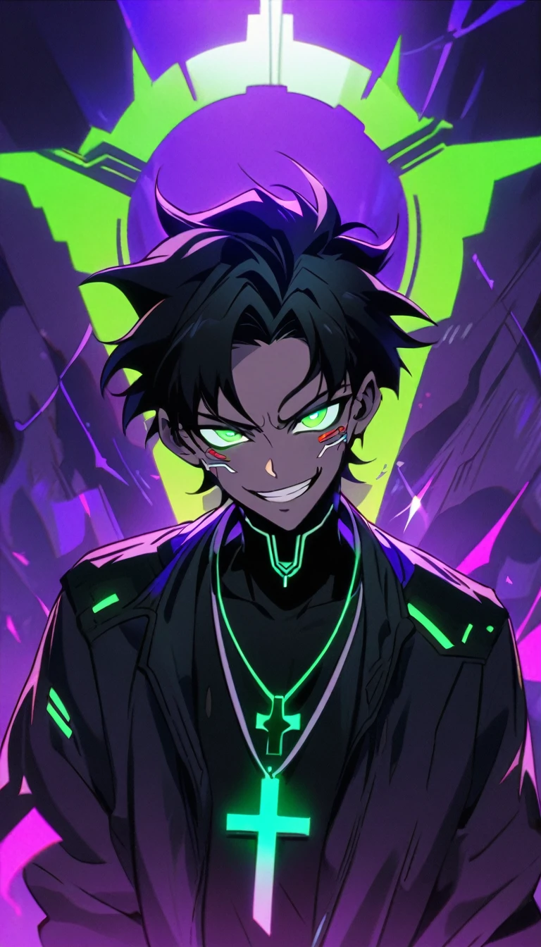 A guy with black hair and glowing green eyes wearing an evil smile, he is smiling like the devil while holding his cross necklace in front of him against a purple background. The art is in an anime style with a cyberpunk and dark fantasy aesthetic.