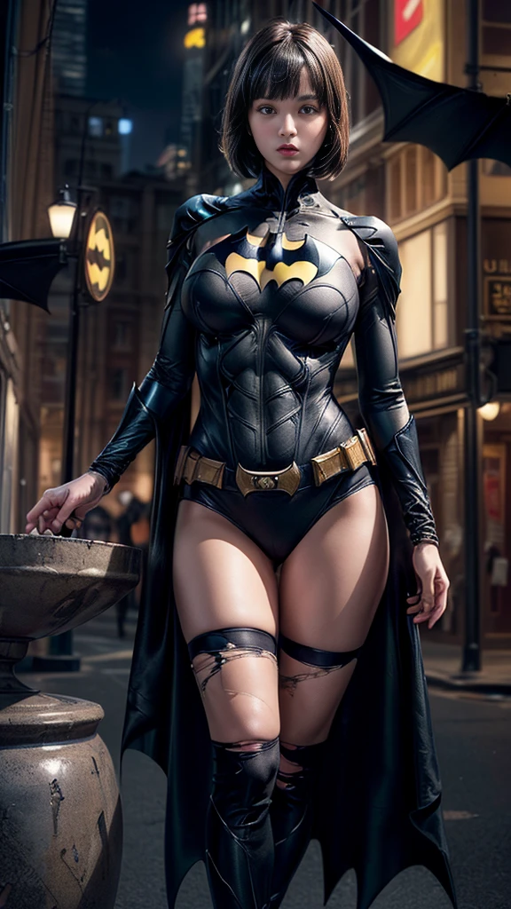nsfw:1.1、((Cowboy Shot))、Mature Woman、(masterpiece, Highest quality), Intricate details, 8K, 1 Girl, Long Hair, Bowl Cut Hair,((blunt bangs))、 Black Hair,((Ultra-detailed and intricately designed Batman suit)),Skyscraper, city, building,street,((Delicate painting))，(Detailed RAW photos of girls), (Pieces fly:1.25), (Highest quality:1.6), (Ultra-high resolution:1.5), (Photorealistic:1.75), 8K resolution, Canon EOS R5, 50mm, Confused, Very detailed,Cinema Lighting、(((Super big breasts)))、Leg spread、The abdomen is visible、((Separate suits))、Ultra-detailed and intricately decorated Batman knee-high socks、Sexy pose、Ultra-detailed Batman bikini、(((Ripped and tattered suit:1.1)))