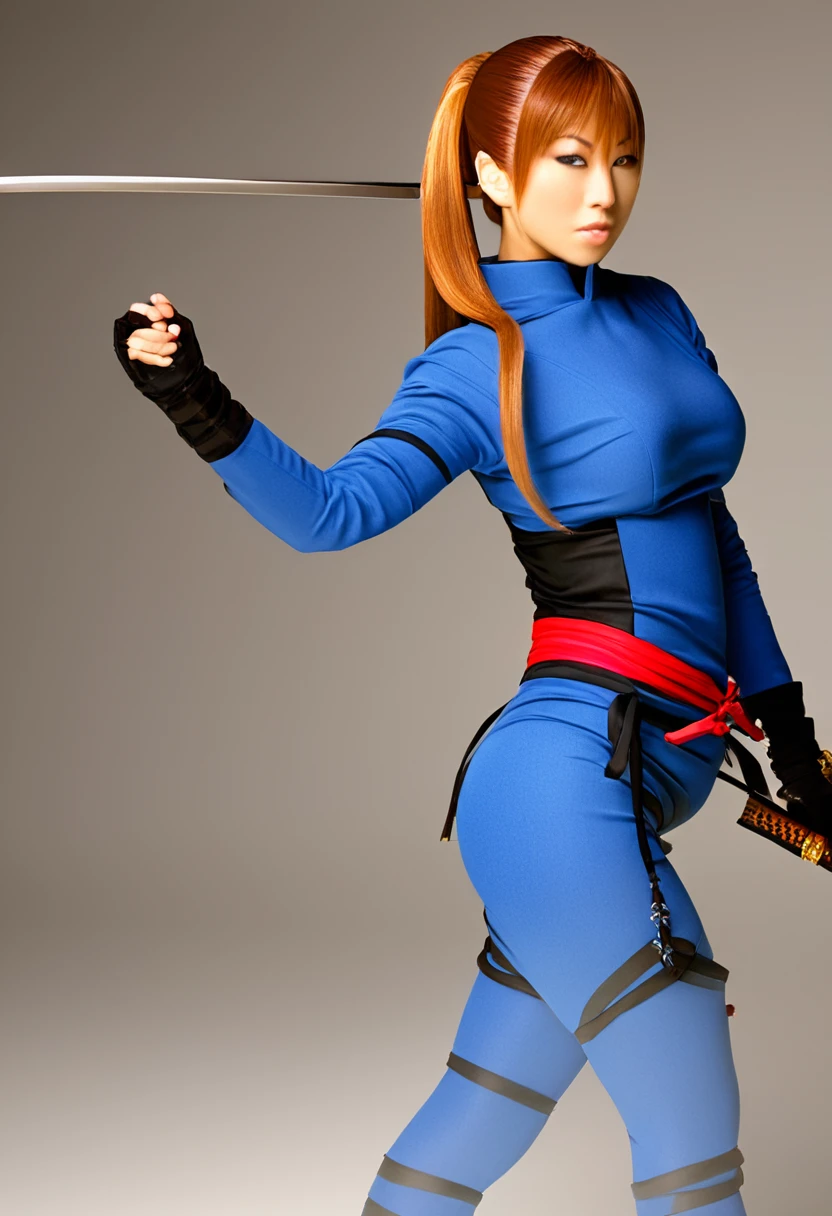 kasumi from dead or alive, ponytail hair, japanese beautyful woman, blue ninja suit, milf, holding a small katana
