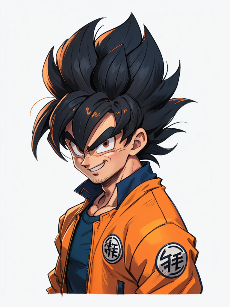 1man, solo, (masterpiece), best quality, ultra-detailed, Son Goku from Dragon Ball Z, black hair, Retro style, full body. fashion cloth, blue jacket, orange shirt, fancy, portrait, upper body, face detail, eyes detail: 1.3, simple background, black eyes, orange shirt,(white background), happy, smiling