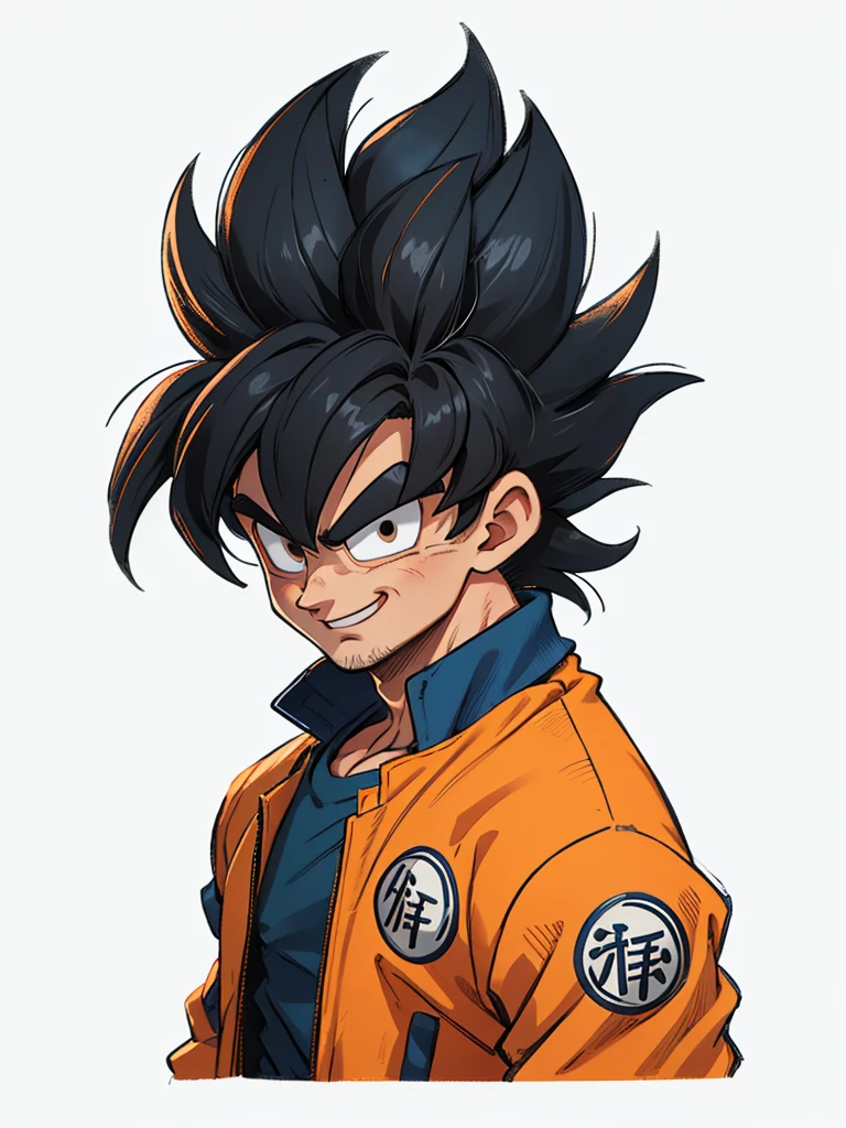 1man, solo, (masterpiece), best quality, ultra-detailed, Son Goku from Dragon Ball Z, black hair, Retro style, full body. fashion cloth, blue jacket, orange shirt, fancy, portrait, upper body, face detail, eyes detail: 1.3, simple background, black eyes, orange shirt,(white background), happy, smiling