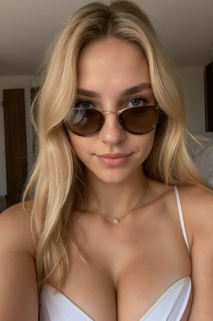 Photo en mode selfie, beautiful blonde ,very detailed, 23 ans, portant des lunettes de soleil, wearing a swimsuit, natural beauty, visage innocent, Longhaire, high resolution, head of'artwork, best quality, intricate details, very detailed, sharpness, detailed skin, texture de peau realistic, texture, detailed eyes, Professionnel, 4K, charming smile, shot with Canon, 85mm, shallow depth of field, Kodak Vision Color, corps parfaitement ajusté , extremely detailed, la photographie_(ultra), photorealistic, realistic, Post-traitement, Maximum details, roughness, real life, ultra realistic, photorealism, la photographie, 8K UHD, la photographie, tetas grandes