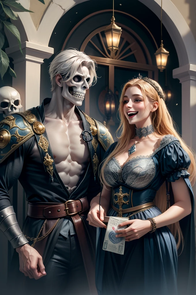 Undead skeleton in medieval era merchant clothes holding bag of money laughing