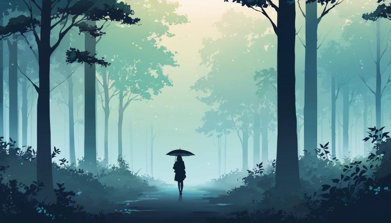 Landscape of park or forest with trees and plants shrouded in mist, silhouette of a girl walking with a colorful umbrella drawn in soft tones, expressing the relaxing feeling of a solo walk in nature, Japanese anime style