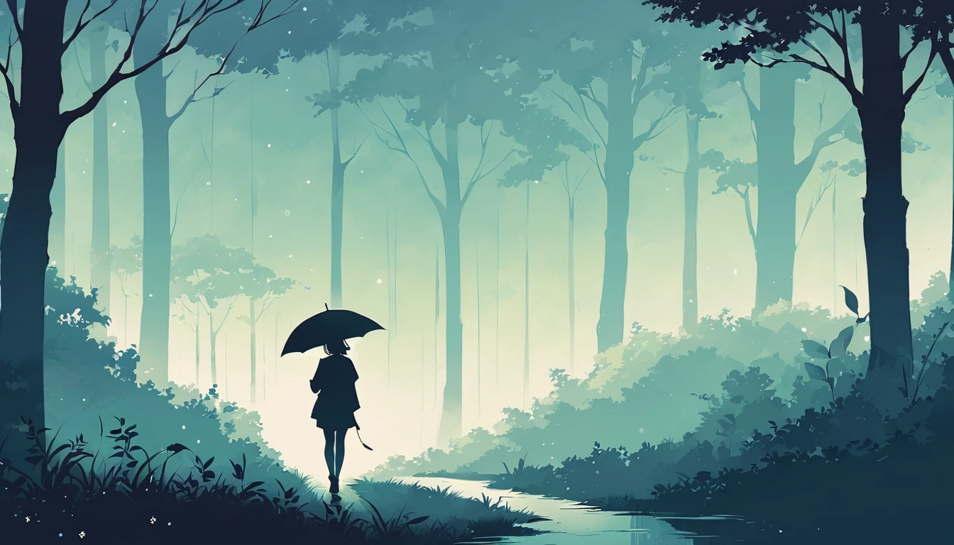 Landscape of park or forest with trees and plants shrouded in mist, silhouette of a girl walking with a colorful umbrella drawn in soft tones, expressing the relaxing feeling of a solo walk in nature, Japanese anime style