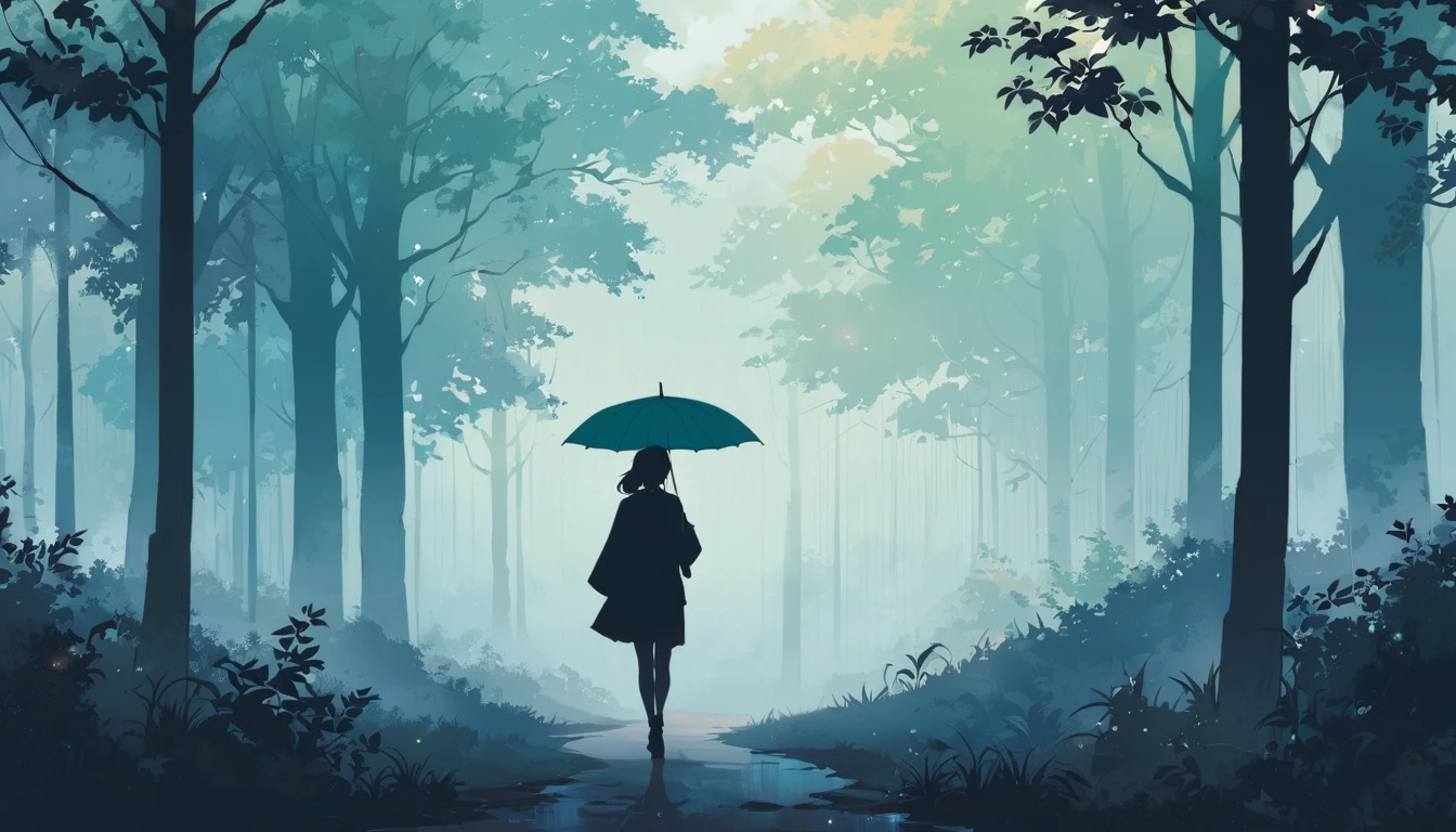 Landscape of park or forest with trees and plants shrouded in mist, silhouette of a girl walking with a colorful umbrella drawn in soft tones, expressing the relaxing feeling of a solo walk in nature, Japanese anime style