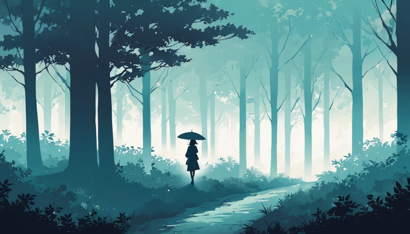 Landscape of park or forest with trees and plants shrouded in mist, silhouette of a girl walking with a colorful umbrella drawn in soft tones, expressing the relaxing feeling of a solo walk in nature, Japanese anime style