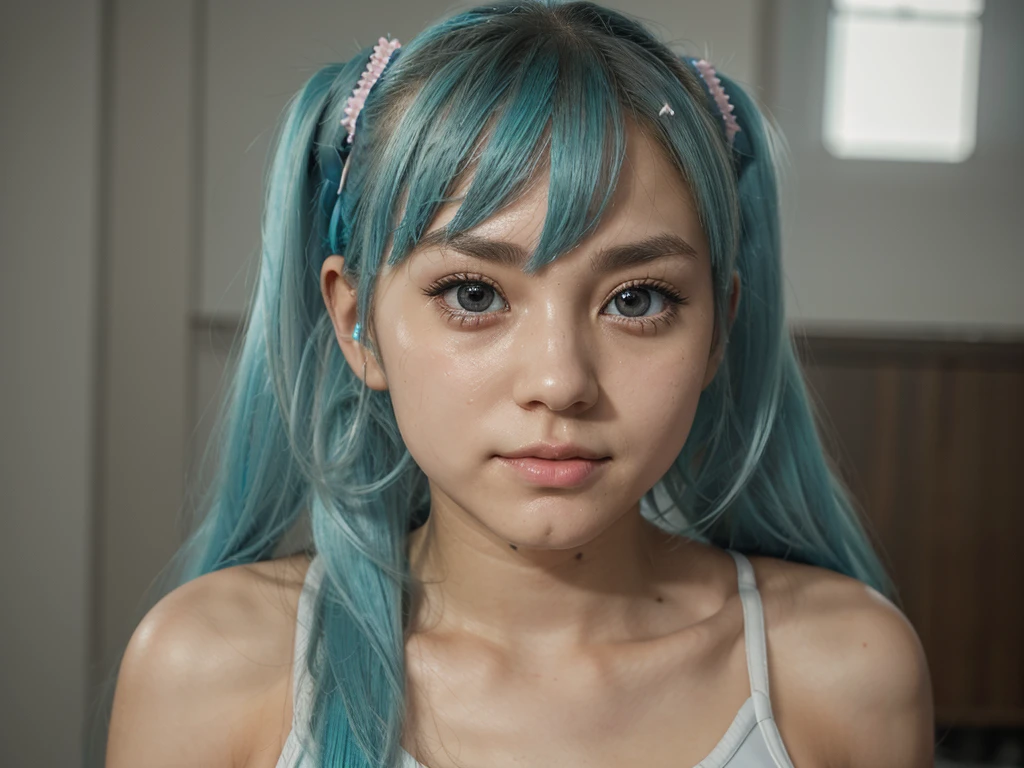 1girl, solo focus, skindentation,Sports Bra，shorts，Pantyhose， perfect face, puffy face, beautiful face, big eyes, puffy eyes, perfect eyes, eyelash，Hatsune Miku，Very detailed face，
