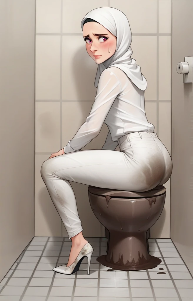 Ultra-realistic, 4k, 1girl, slim face, pretty face, cute eyes, skinny body, wearing white hijab, white chino pants, tight long sleeve classic buttoned shirt, white heels, nervous facial expressions, very sweaty, both hands on ass, in dirty dark public toilet, near the toilet, dirty toilet bowl, dirty toilet, dirty clothes, sweaty clothes, (((make the whole image filthy and dirty))), (((mud overflowing from toilet bowl))), stinky atmosphere, filthy atmosphere, mud everywhere, mud on pants, disgusting toilet,
