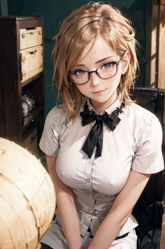 Masterpiece, 最high quality, high quality, High resolution, high quality texture, high quality shadows, High resolution, Beautiful details, Detailed CG, Detailed Texture, Realistic representation of face, Realistic, colorful, delicate, Cinematic Light, Side light, Lens flare, Ray Tracing, sharp concentrated, (1 Girl,concentrated:1.3), ( Intricate details, compensate, PureErosFaceV1:0.5), (細部まで美しいdelicateな顔, 緻密で美しいdelicateな瞳, Perfect Facial Proportions, Dense skin, Optimal ratio of four fingers to one thumb,Unified 8k wallpaper, Arms under , Modest , Wide , Smooth upper abdomen, 35 years old, blue eyes, glasses, air fortress hair, blonde hair, house wife, the gaze of true love, lips of temptation, A look full of compassion ,a smile full of love, i love you, Acting lovey-dovey, I love you so much I'm crazy,

cabin attendant uniform,white blouse with open neck ,tight fitting black skirt,black stockings, excellent secretary ,working as a secretary, wooden desk, wooden chair,

