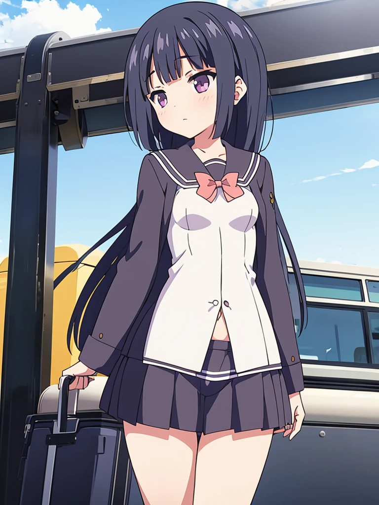 Tram stop passengers around Elementary school girl 8 years flat chest for the black broad The eyes are purple. ((1 person)) Sailor uniform long sleeve white upper body Navy blue underbody mini skirt white panties white socks sport boots standing at the stop Open your legs a little((I can see white panties)) FROM THE FRONT Dynamic Angle low angle