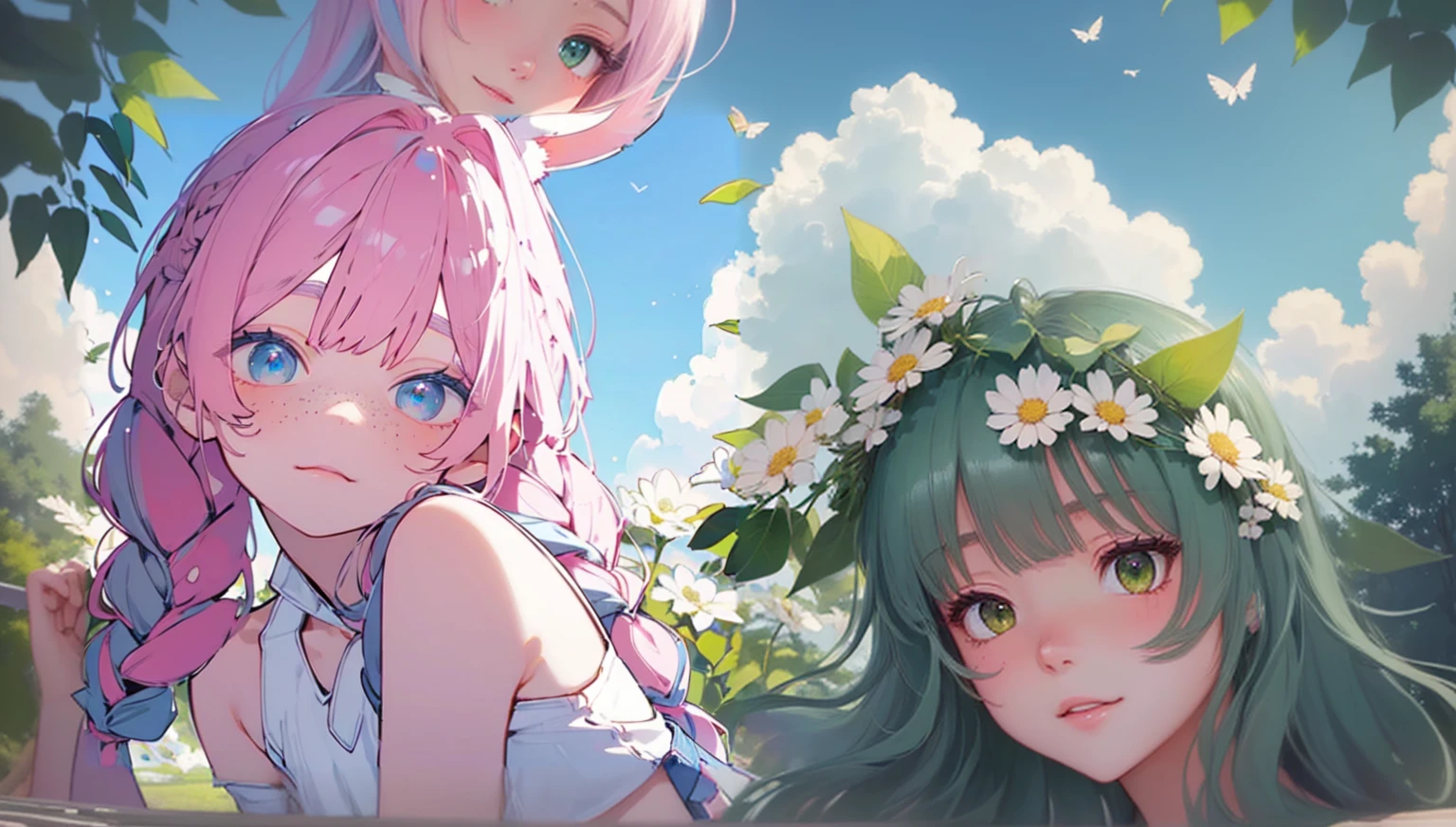 アニメ, Minimalism, アニメ style, chromatic aberration, sparkle, reflection light, ray tracing, panorama, uhd, masterpiece, accurate, super detail, high details, high quality, best quality, 8K, summer, summer atmosphere, Bright sky, High Sky, warm sunlight, the sun is on the right, clouds in the background, very green, trees, Detailed Leaves, flowers, daisies, детализированные flowers, Field of Flowers, birds in the sky, butterflies on flowers, detailed butterflies, shine, glitter